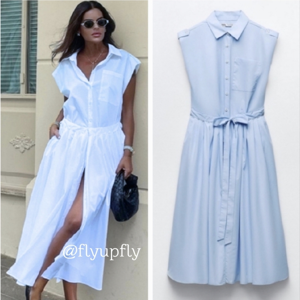 Zara Light Blue Sleeveless Midi Shirt Dress